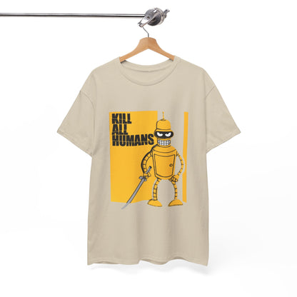 Stylishly presented t-shirt hanging on a garment rack, featuring a playful graphic of a robotic character with a sword and the inscription 'KILL ALL HUMANS'.