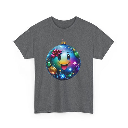Front view of a luxurious grey unisex cotton t-shirt with a vibrant Festive Cheer Christmas Bauble graphic, showcasing a charming ornament design.