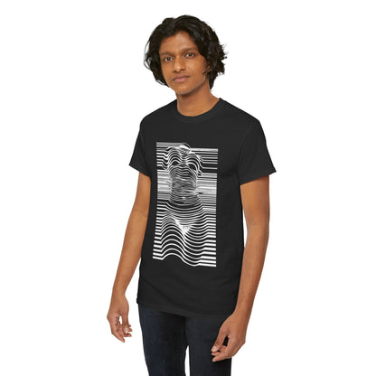 Stylish black unisex t-shirt showcasing a sophisticated optical illusion graphic, blending art and humour for a unique fashion statement.