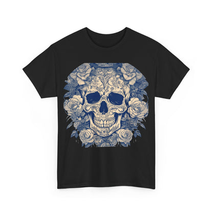 Skulls and Roses Cotton Tee, unisex graphic shirt featuring a luxurious blue skull design surrounded by roses on a black background.