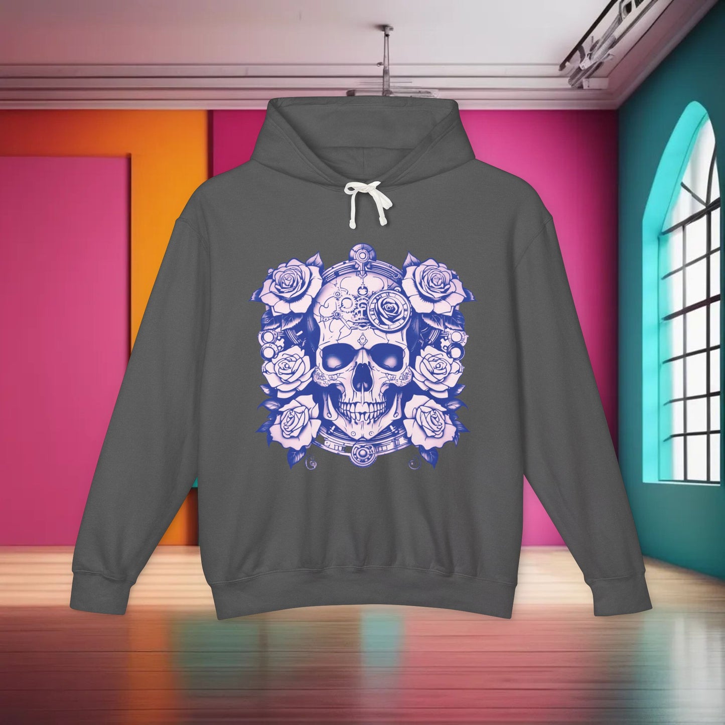 Steampunk Skull Roses Lightweight Hoodie, Unisex Streetwear Sweatshirt, Trendy