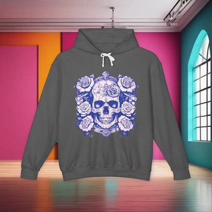 Elegant Steampunk Skull Roses Lightweight Hoodie showcased in a chic environment, highlighting a bold skull design surrounded by roses, perfect for unisex streetwear enthusiasts.