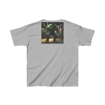 Kids Incredible Hulk Heavy Duty T-Shirt in classic grey with a striking Hulk image on the back, perfect for little superheroes seeking comfort and resilience.