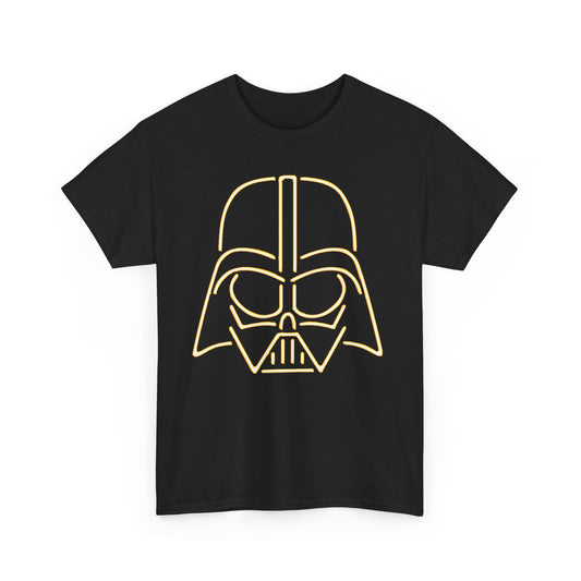 Sophisticated Star Wars Neon Darth graphic tee showcasing a vibrant neon outline of Darth Vader's face, perfect for fans seeking a blend of humour and elegance.