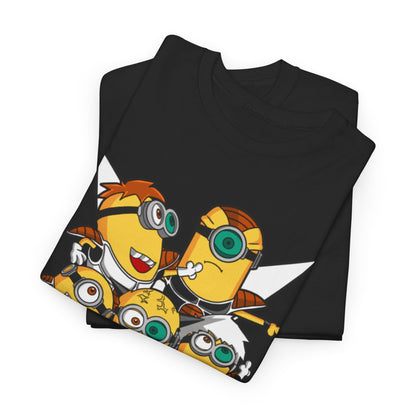 Minions Starcom Unisex Mens Womens Graphic Funny T Shirt Tee displaying two folded t-shirts featuring the cheerful Minion characters in playful poses and stylish designs, great for fans of funny Minions apparel.