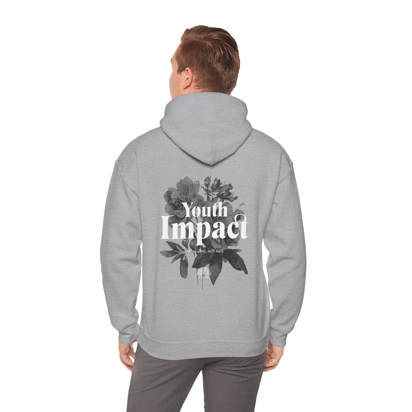 Elegant grey hoodie displayed on a model, featuring a striking back print with the words 'Youth Impact' and a floral design, embodying a message of positivity.