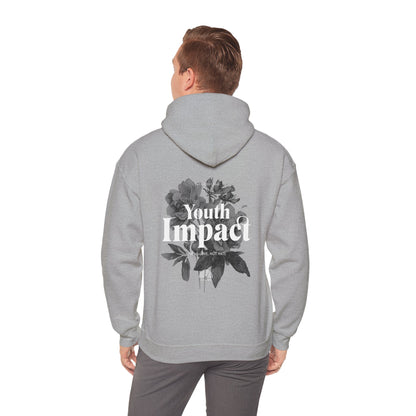 Elegant grey hoodie displayed on a model, featuring a striking back print with the words 'Youth Impact' and a floral design, embodying a message of positivity.