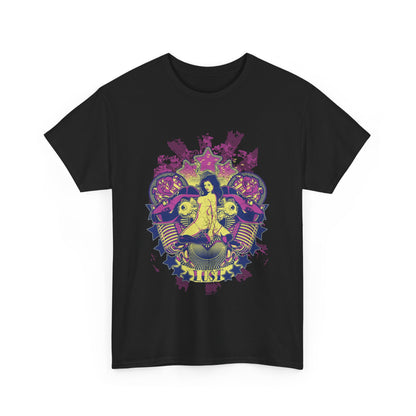 Front view of a luxurious black t-shirt adorned with vibrant cosmic and mechanical graphics, featuring a stylised female figure and bold 'LUST' branding.