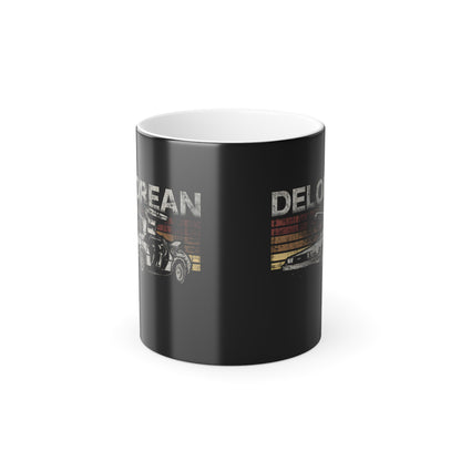 Back To The Future DeLorean Colour Morphing Mug showcasing a sleek black design with DeLorean graphics, perfect for luxury drinkware enthusiasts.