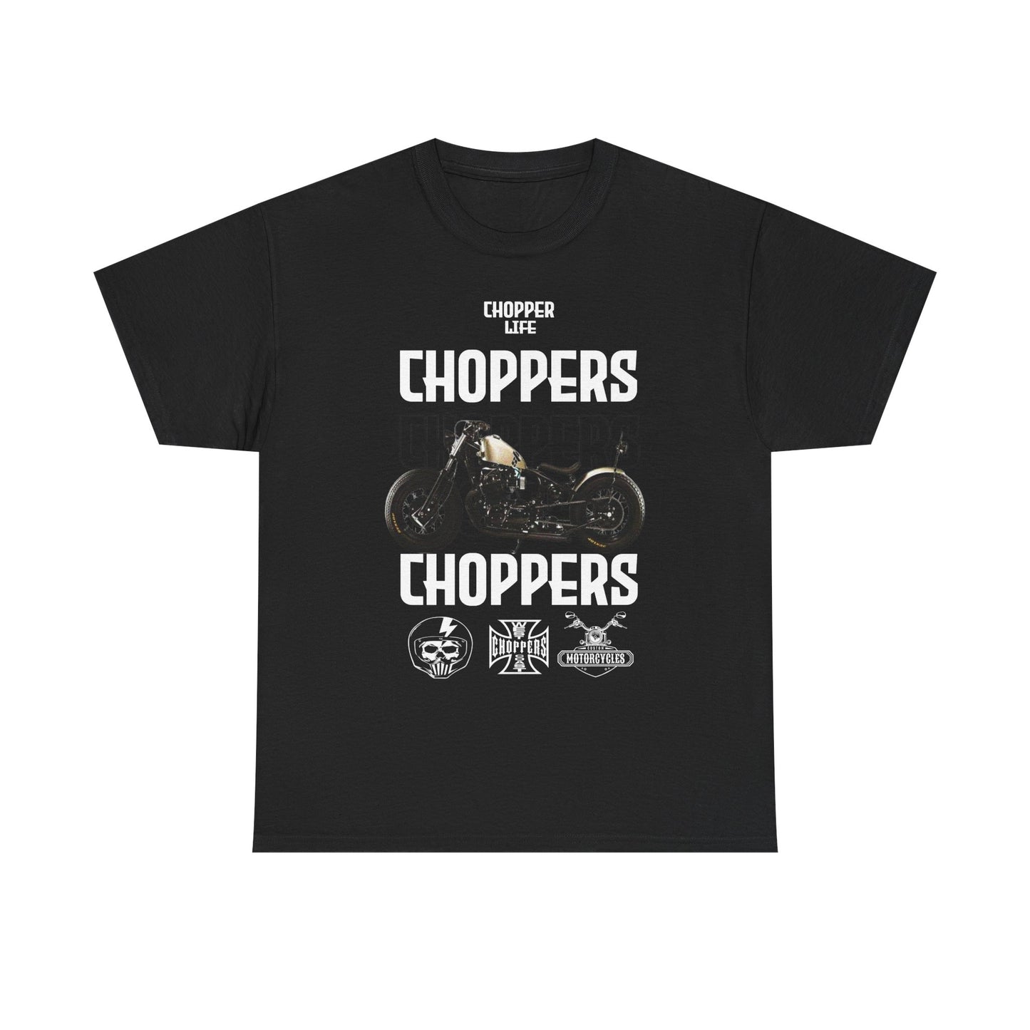 Chic black T-shirt adorned with an eye-catching 'CHOPPER LIFE' graphic and a stylish chopper motorcycle motif, ideal for contemporary motorcycle enthusiasts wanting to express their passion with elegance.