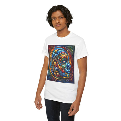 Model wearing the luxurious Stained Glass Dreams Unisex T-Shirt, showcasing its striking design featuring an abstract face illustration in bright hues.