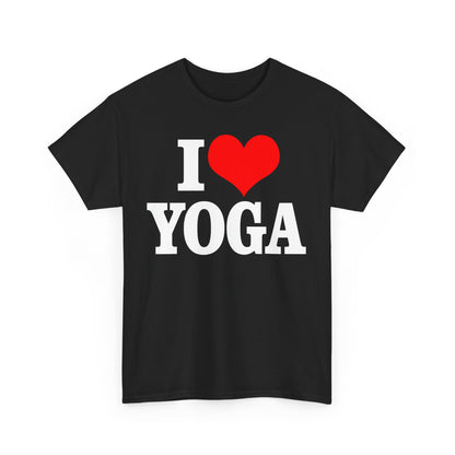 Luxurious black women's T-shirt featuring bold typography that reads 'I Love Yoga' with a striking red heart design, perfect for showcasing your passion for yoga.
