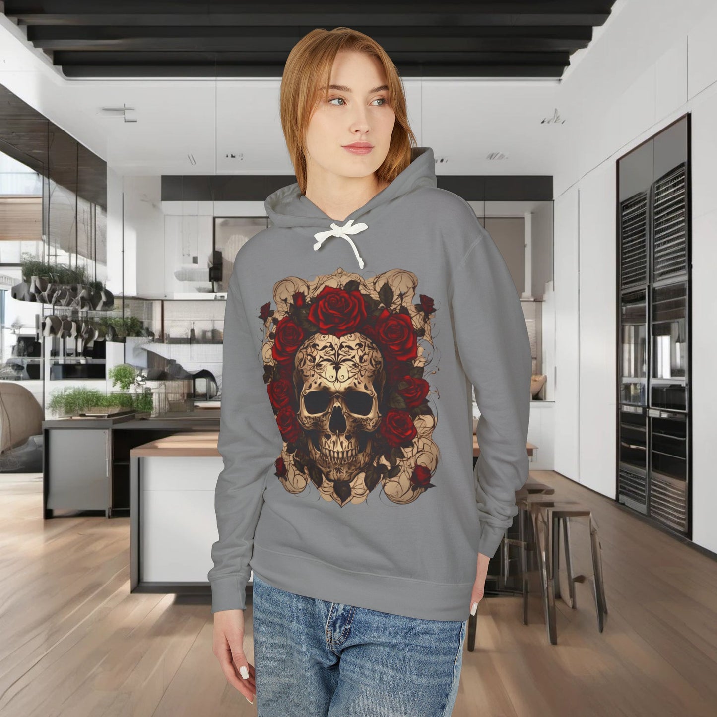 Unisex Lightweight Hooded Sweatshirt unique designer skull and roses