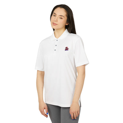 Stylish front view of the Adidas Unisex Performance Polo Shirt featuring eco-friendly 100% recycled polyester and a decorative embroidered logo.