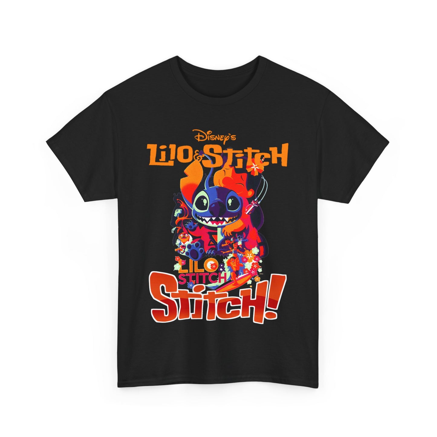 Luxurious black graphic t-shirt showcasing a vibrant illustration of Lilo and Stitch, featuring bold typography and vibrant background floral elements, perfect for Disney enthusiasts.
