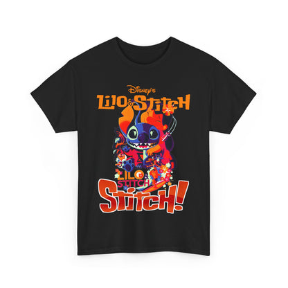 Luxurious black graphic t-shirt showcasing a vibrant illustration of Lilo and Stitch, featuring bold typography and vibrant background floral elements, perfect for Disney enthusiasts.