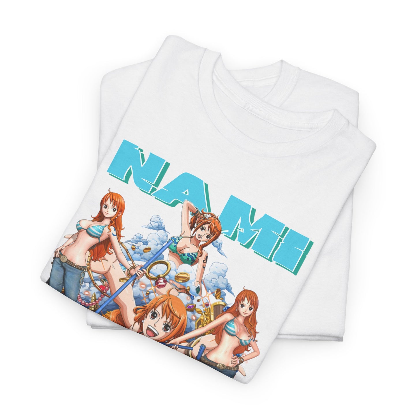 Luxurious white t-shirt featuring an eye-catching Nami graphic from One Piece, depicting vibrant colours and intricate details, ideal for anime enthusiasts.