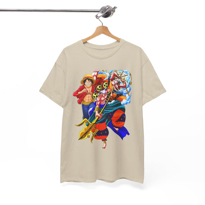 Elegantly hung beige t-shirt featuring stunning anime characters, perfect for showcasing unique style and fandom.