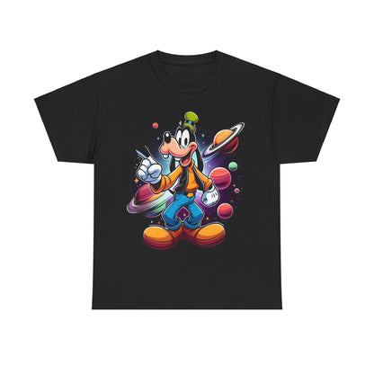 Cosmic Goofy Unisex Graphic Tee featuring a playful Disney design with Goofy in vibrant colours, set against a cosmic backdrop of planets and stars.