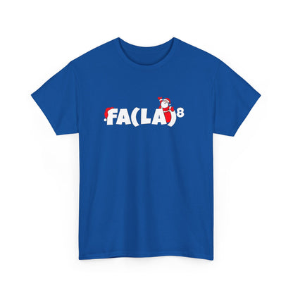 Fa La La La La Christmas Graphic T-Shirt in vibrant blue, featuring festive typography and a playful Santa design, ideal for stylish holiday celebrations.