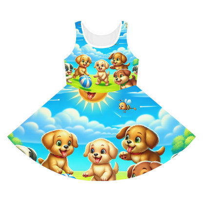 Dazzling Dreams AOP Pencil Skirt for Girls featuring a vibrant design with playful puppies, bright blue sky, and lush green grass, perfect for summer vibes.