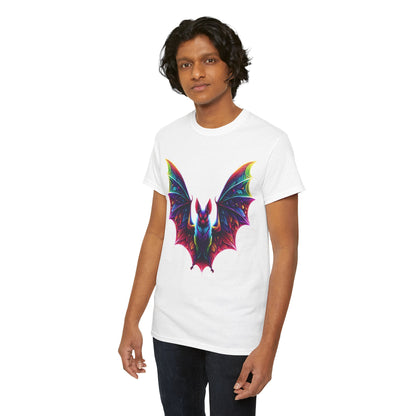 Model wearing the Radiant Evolution Bat Tee, presenting a vibrant bat graphic on a chic cotton t-shirt.