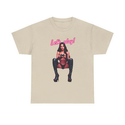 Luxury unisex graphic cotton t-shirt featuring a striking 'Let's play!' design with a confident gamer, perfect for enthusiasts seeking bold style.