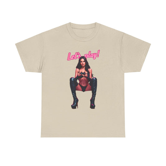 Luxury unisex graphic cotton t-shirt featuring a striking 'Let's play!' design with a confident gamer, perfect for enthusiasts seeking bold style.