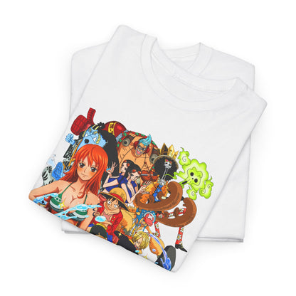 Luxurious folded white t-shirts featuring a stunning Nami graphic from One Piece, elegantly showcasing vibrant anime characters for discerning fans.