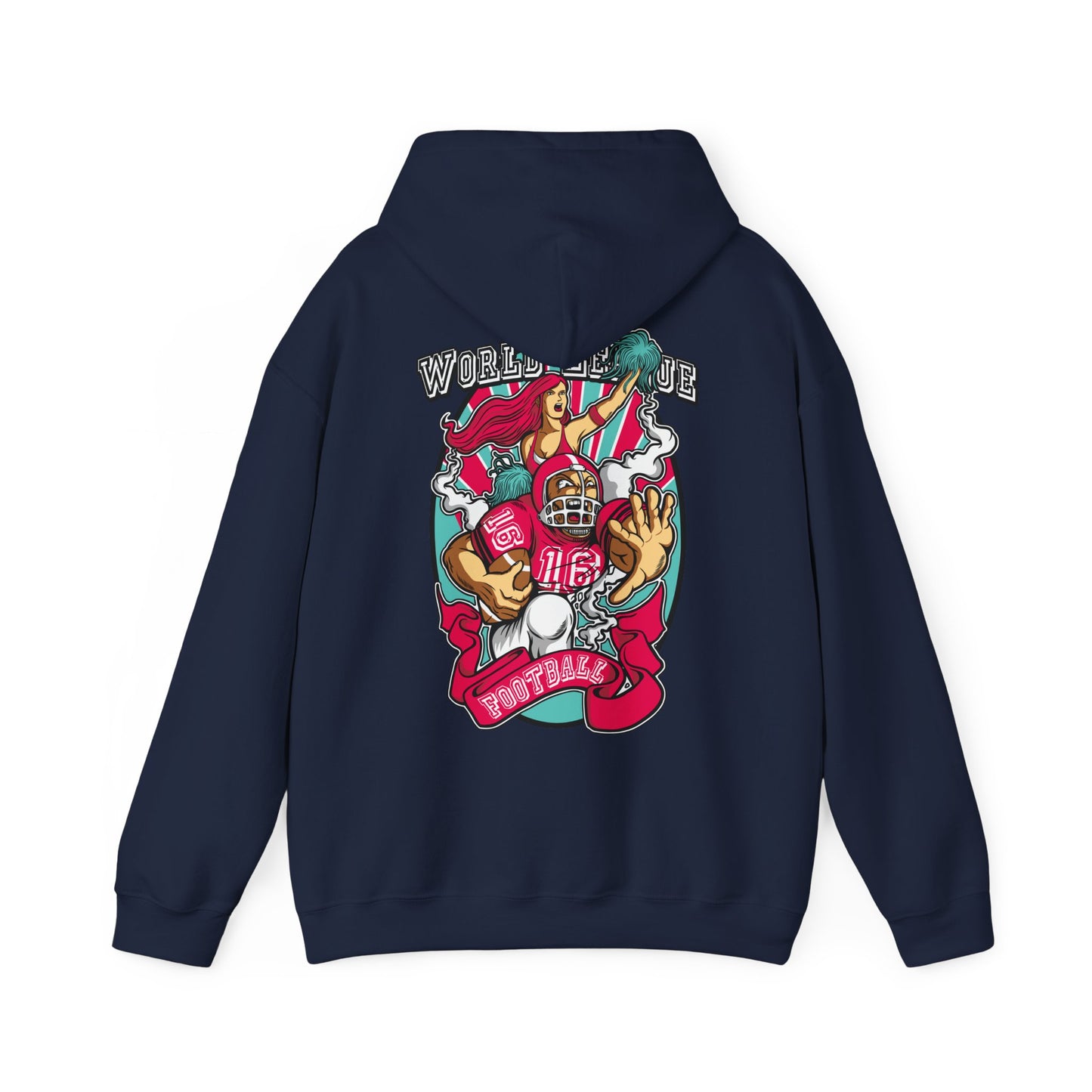 Elegant navy hoodie adorned with a striking back graphic of an athletic football player in a pink jersey, accompanied by a lively cheerleader, encapsulating the energy of the game along with the 'WORLD LEAGUE' inscription.