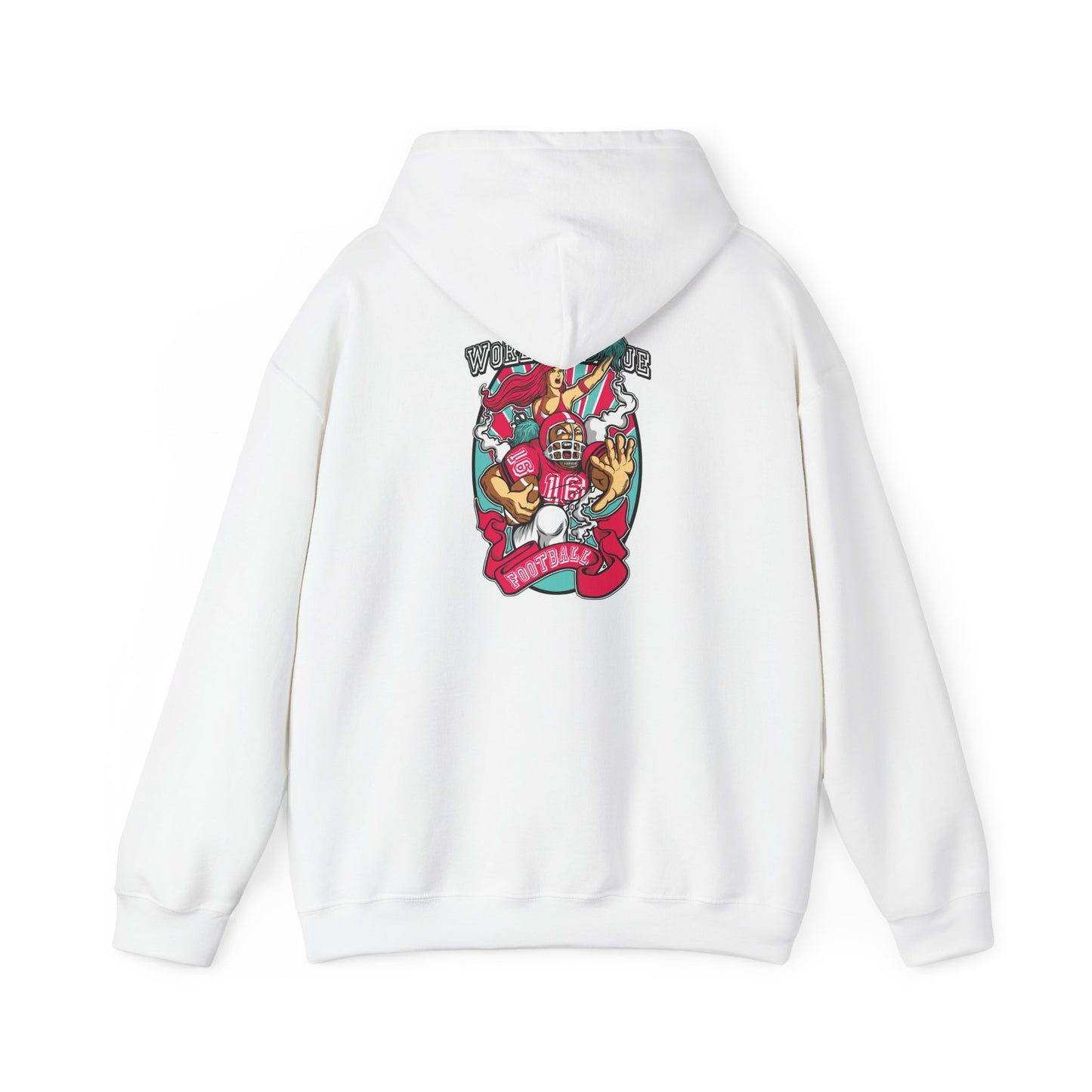 Elegant white hoodie featuring an eye-catching back graphic of a spirited cheerleader and a bold football player, enhanced by vibrant colours and the phrase 'WORLD LEAGUE Football'. Perfect for showcasing your team spirit in style.