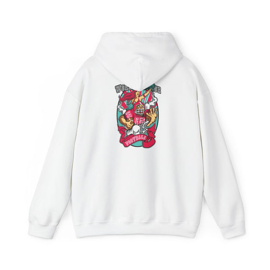 Elegant white hoodie featuring an eye-catching back graphic of a spirited cheerleader and a bold football player, enhanced by vibrant colours and the phrase 'WORLD LEAGUE Football'. Perfect for showcasing your team spirit in style.