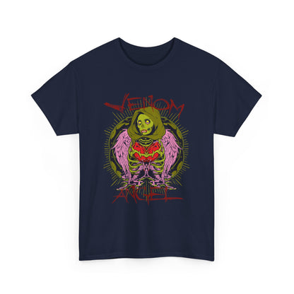 Stylish men's t-shirt in navy displaying bold 'Venom' artwork with a green angel and vivid details, perfect for casual elegance.