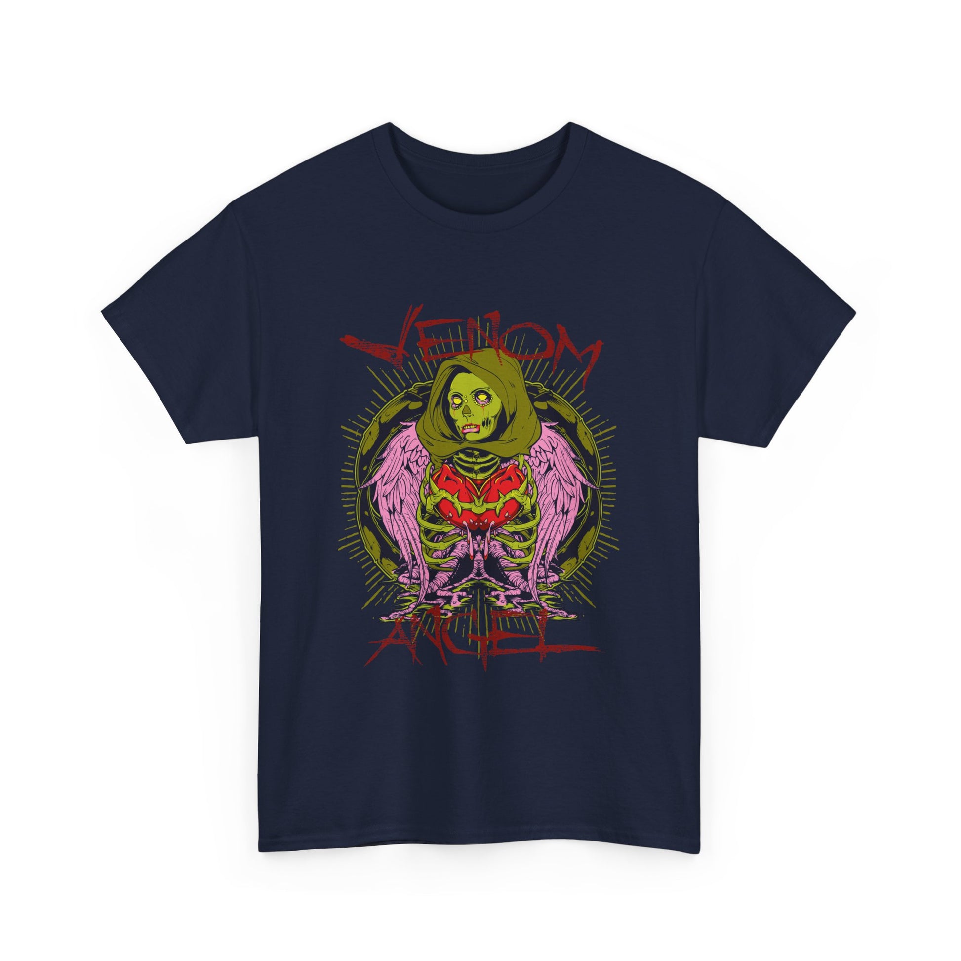 Distinctive navy blue men’s t-shirt featuring striking artwork of a green angel with pink wings and a vivid heart, embodying edgy sophistication.