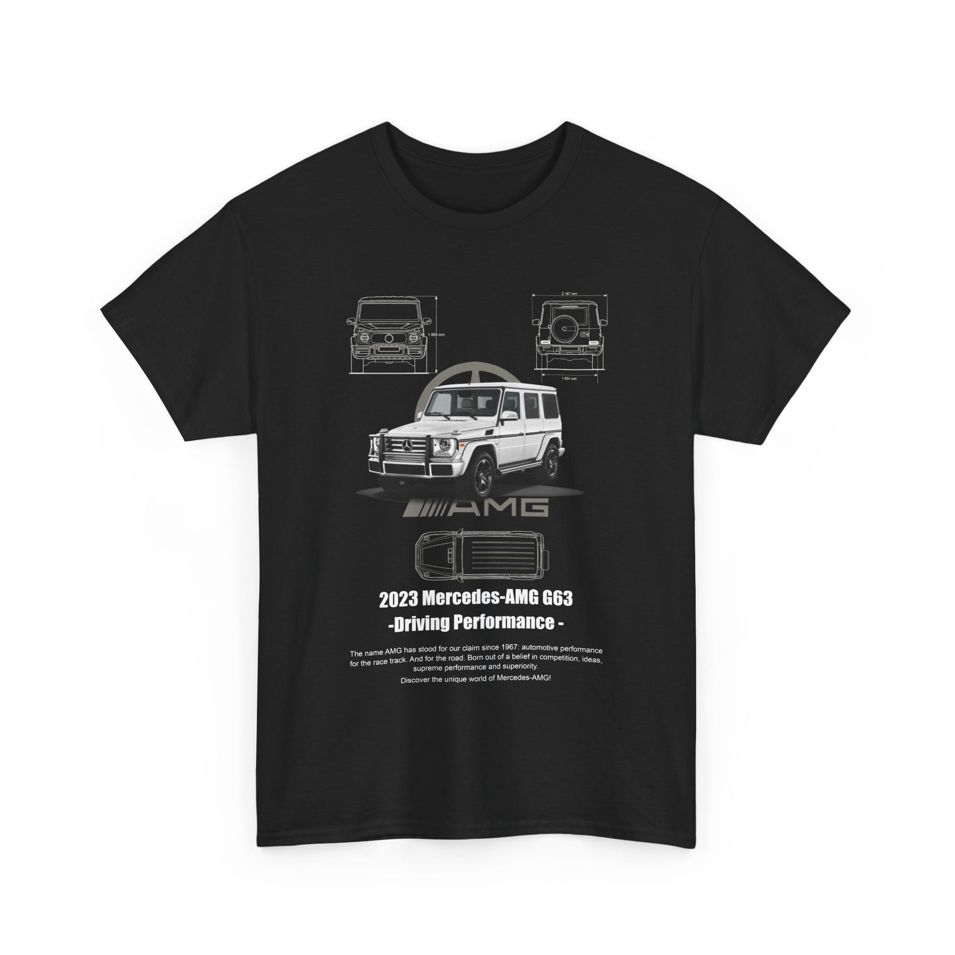 Front design of a chic black t-shirt featuring the 2023 Mercedes-AMG G63, with elegant graphics and a statement on driving performance.