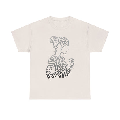 Fighter Girl Graphic Unisex T-Shirt - Artistic Typography Design in a soft beige fabric, featuring an elegant silhouette of a strong woman crafted from intricately woven typography.