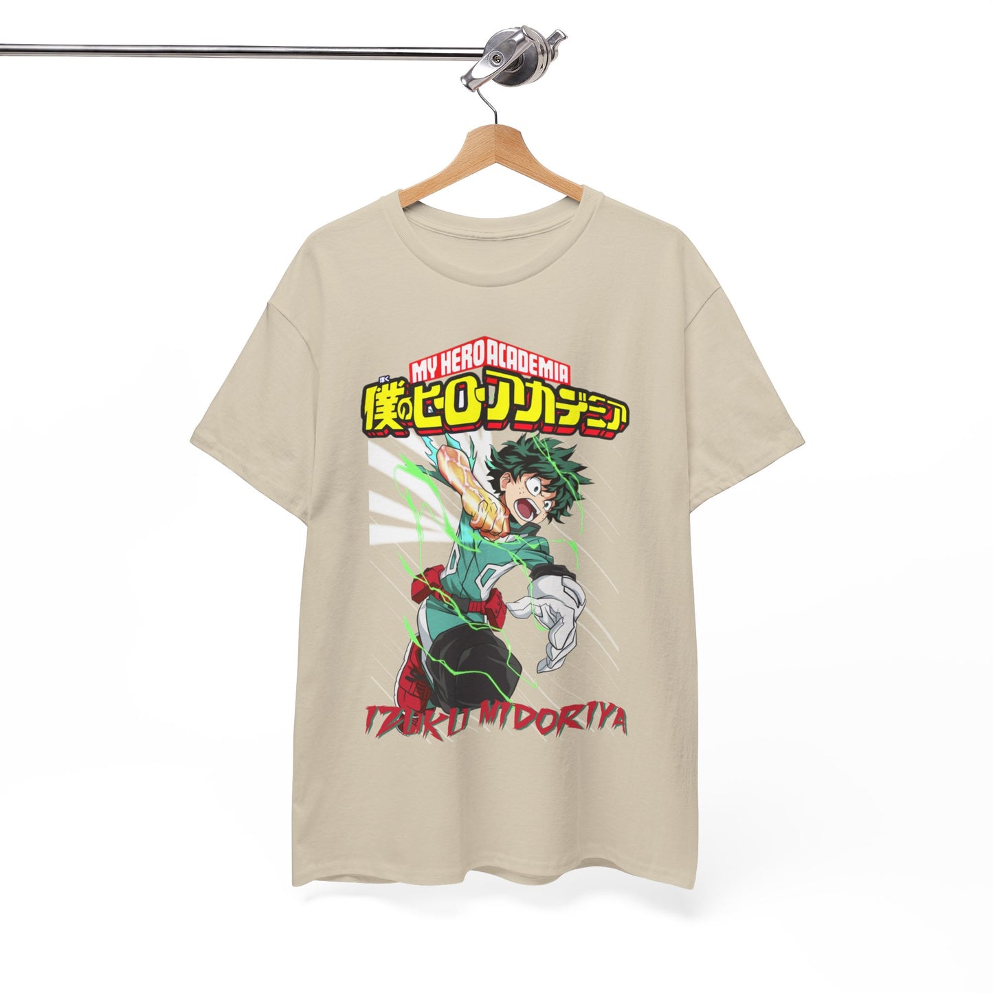 My Hero Academia T-shirt with Izuku Midoriya illustration, gracefully displayed on a wooden hanger, showcasing its unique style.