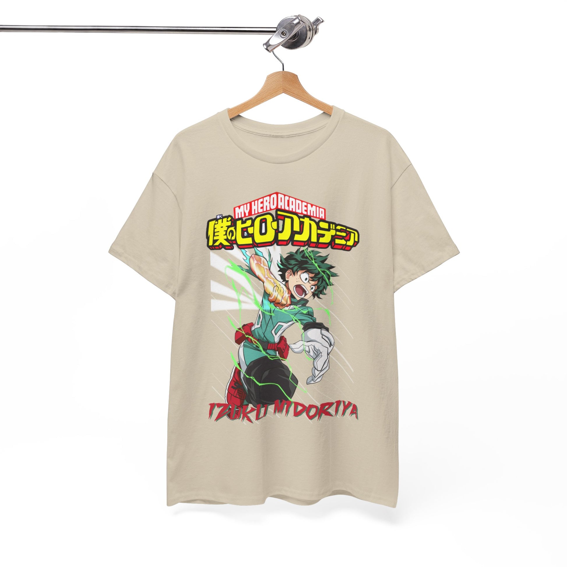 My Hero Academia T-shirt with Izuku Midoriya illustration, gracefully displayed on a wooden hanger, showcasing its unique style.
