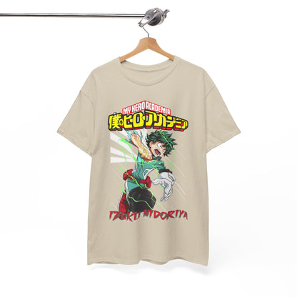 My Hero Academia T-shirt with Izuku Midoriya illustration, gracefully displayed on a wooden hanger, showcasing its unique style.