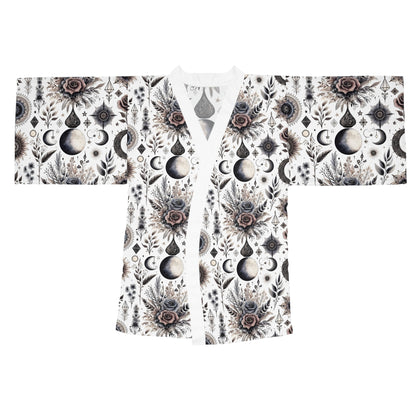 The alluring front view of the Floral Kimono Robe emphasizes its designer quality, showcasing a beautiful floral print and sophisticated silhouette for women.