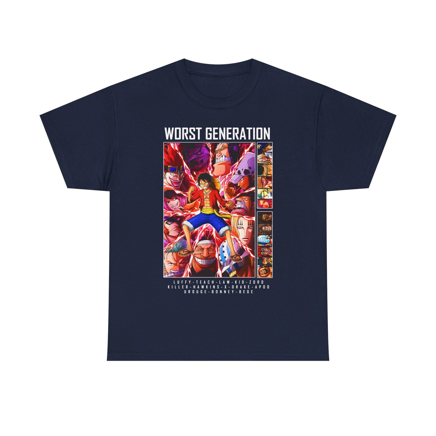 Chic navy men's T-shirt featuring an eye-catching 'Worst Generation' anime illustration, with Monkey D. Luffy at the centre, surrounded by fellow characters in vivid colours.