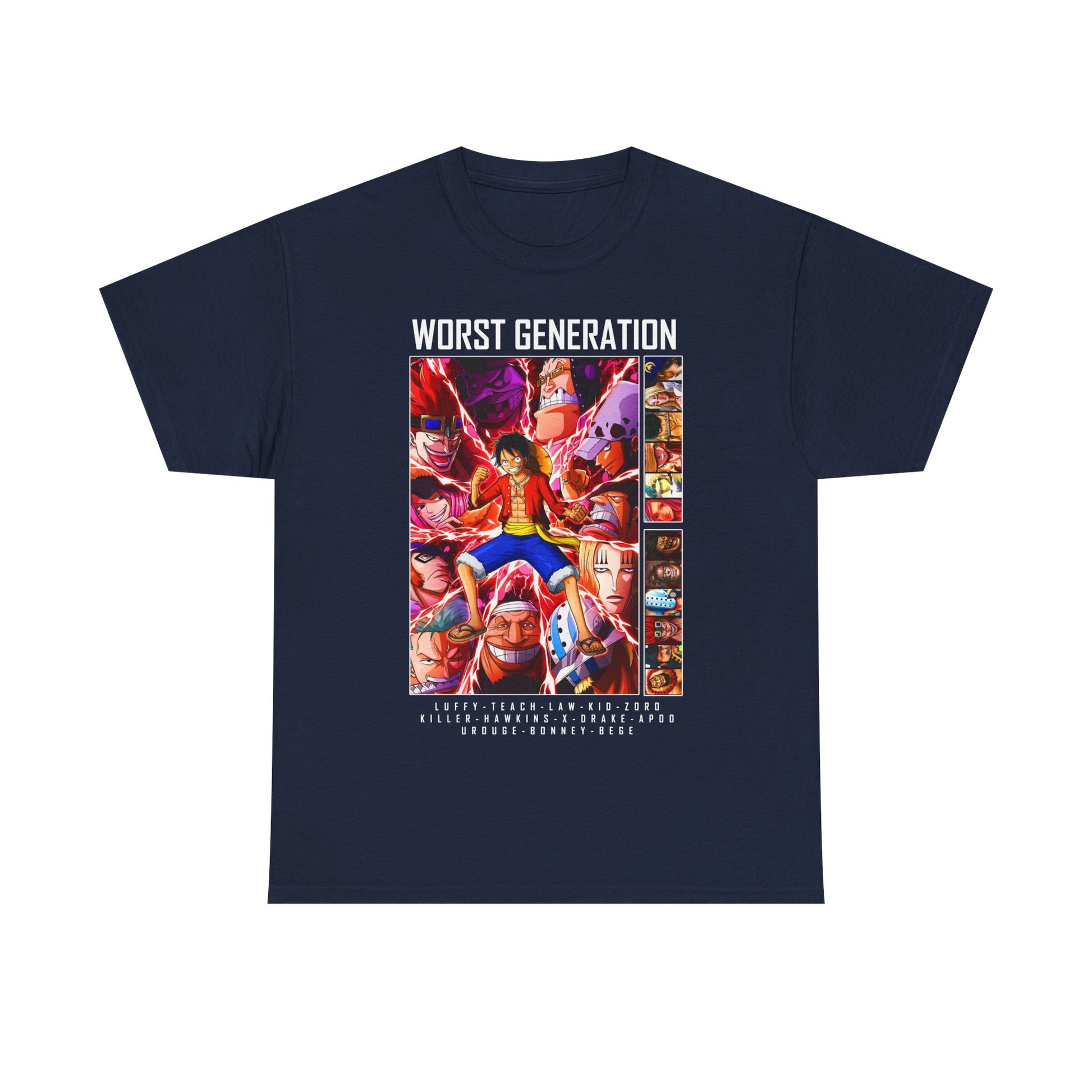 Chic navy men's T-shirt featuring an eye-catching 'Worst Generation' anime illustration, with Monkey D. Luffy at the centre, surrounded by fellow characters in vivid colours.