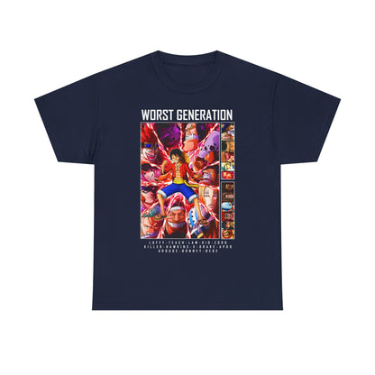 Chic navy men's T-shirt featuring an eye-catching 'Worst Generation' anime illustration, with Monkey D. Luffy at the centre, surrounded by fellow characters in vivid colours.