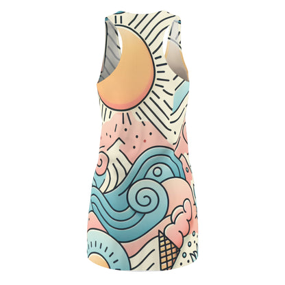 Close-up of the Ariella Phoenix Racerback Dress design showcasing intricate pastel motifs of suns, waves, and palm trees from Dazzling Dreams Studio.