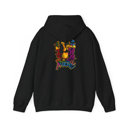 Stylish back view of a black hoodie featuring an intricate skateboarder graphic design, showcasing vibrant colours and edgy street art style.