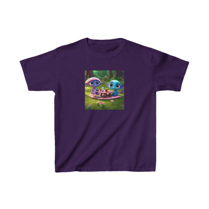 Kids Heavy Cotton Tee showcasing adorable alien illustrations in deep purple; ideal for creative expression and everyday adventures.