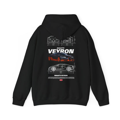 Back view of a luxurious black Bugatti Veyron hoodie featuring a stylish design that highlights the iconic car outline and branded name.