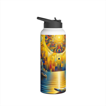 Stylish Fantasy Paddleboarding Stainless Steel Water Bottle displaying a radiant sun and vibrant patterns, offering both luxury and functionality for outdoor hydration.