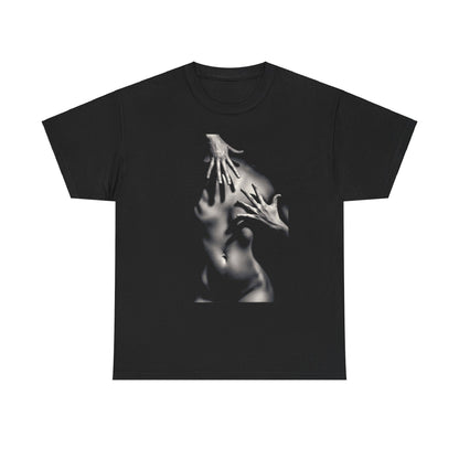 Stylish black t-shirt with a striking artistic print of hands delicately positioned on a nude form, an elegant addition to any wardrobe.
