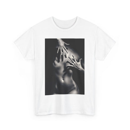 Luxury graphic t-shirt in white featuring an artistic black and white print of a blurred, partially obscured human form with expressive hands, illustrating the interplay of light and shadow.